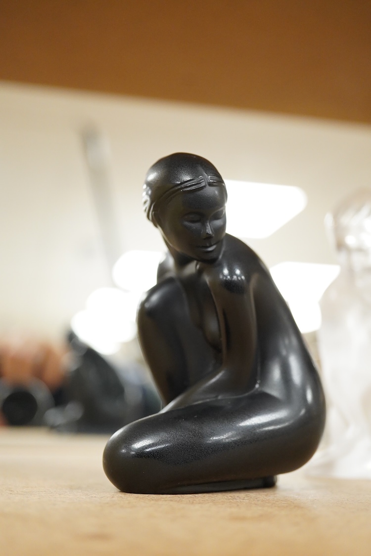 A Lalique opaque black glass Venus, and another in frosted glass, latter 11.5cm